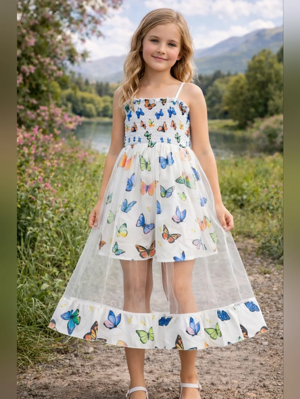 Girls Butterfly Mesh Overlay Romper Dress Size 11Y White Multicolor Summer Party